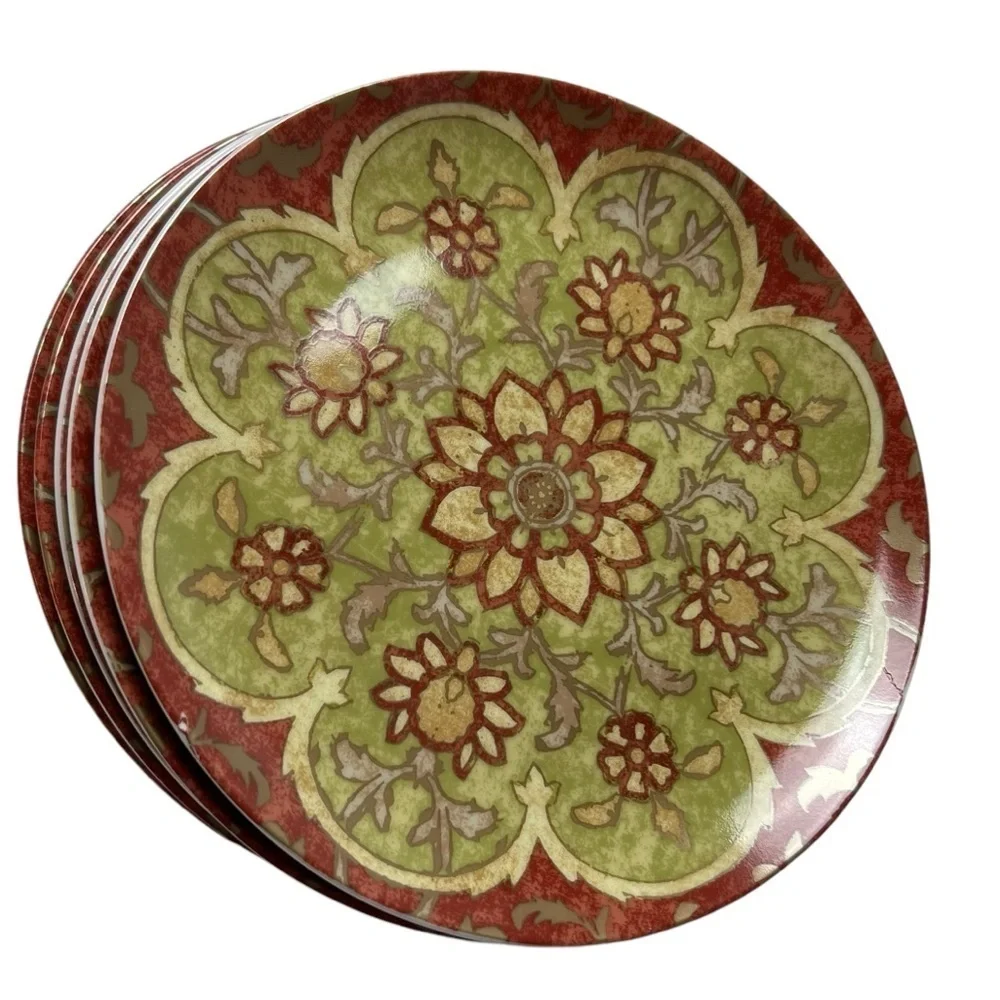 Pottery Barn Red & Sage Green Floral Plates 7” Dessert Salad Tuscan Set of 4